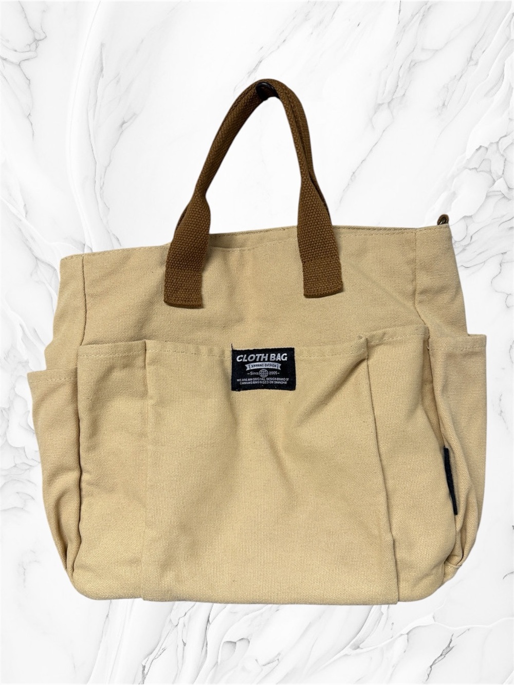 Cloth bag Canvas Tote in tan with Brown Handles zipper closure